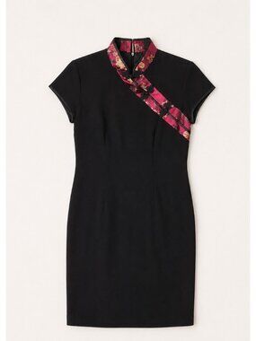Robbie Bee Black & Red Floral Mandarin Collar Dress Petite 8P